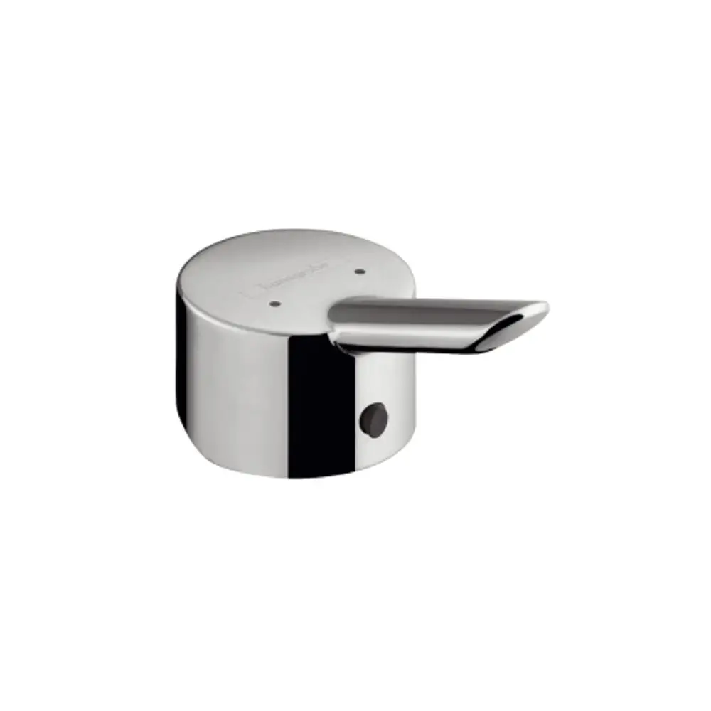 Chromfarbener Griff von Hansgrohe mit abgerundeter, flacher Kante und seitlichem Auslauf. Der Griff ist zylindrisch und hat eine horizontale Ausrichtung.